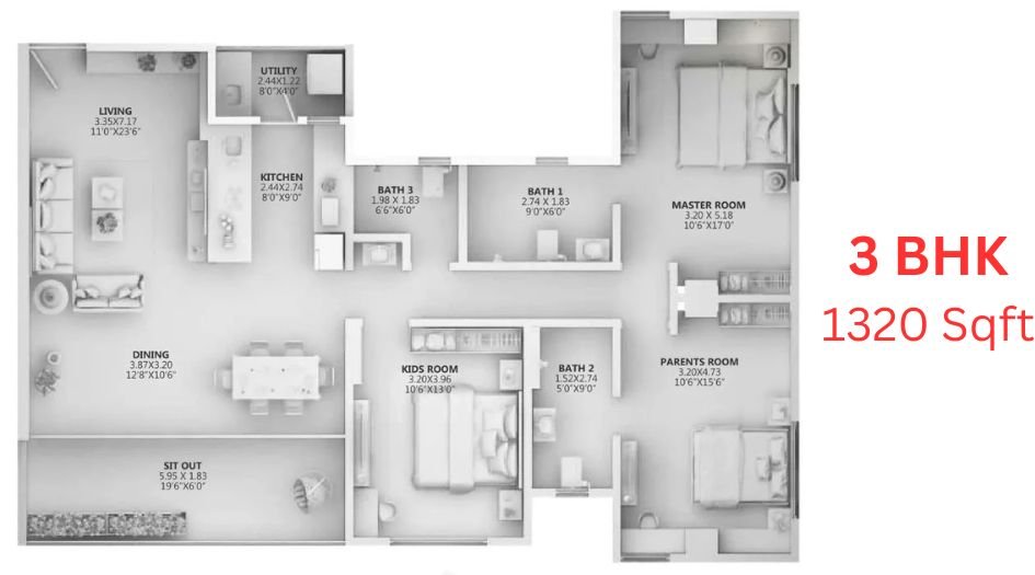 Ganga-Aracdia-Floor-Plan-3 BHK-1320 Sqft
